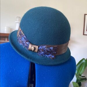 Goorin Bros Teal Cloche Hat with Feather Accent
